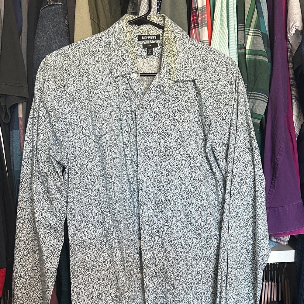 Express Blue and White Floral Dress Shirt